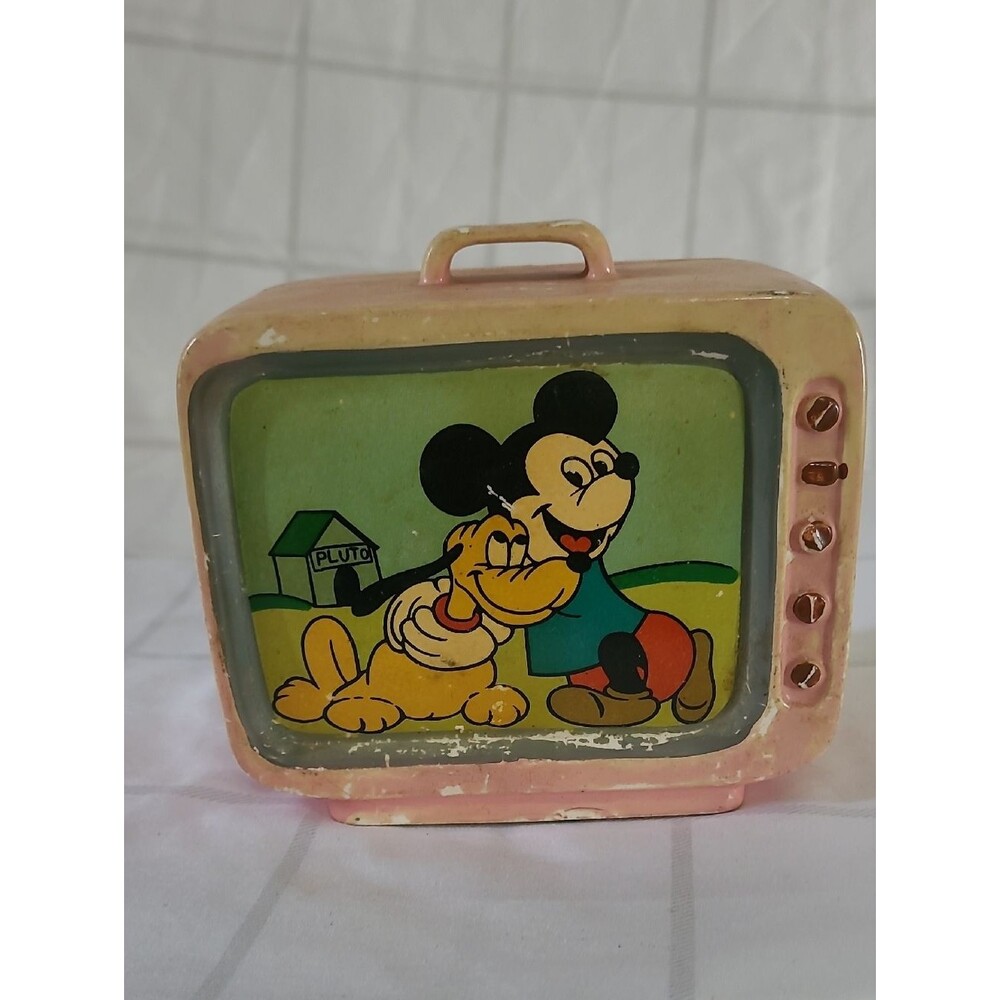 Rare Vintage 1960’s Disney Mickey Mouse Dan Brechner Pink Television Bank FLAWED